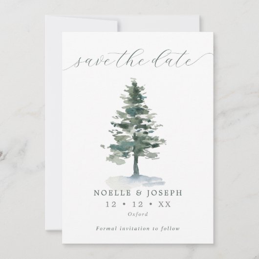 Rustieke dennenboom foto & QR code bruiloft Save The Date (Voorkant)