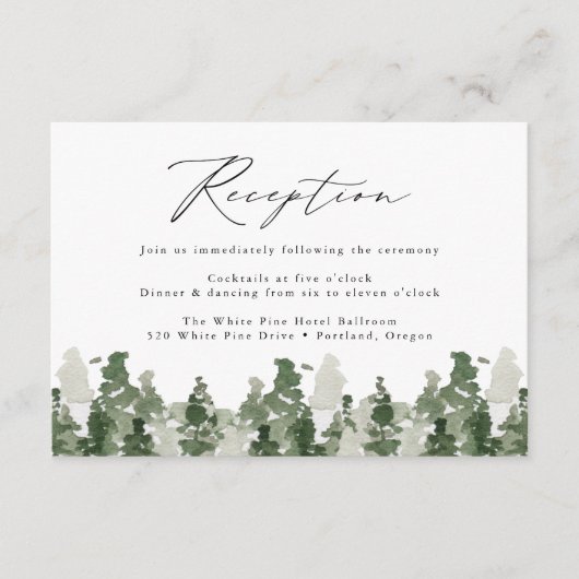 Rustieke dennenbos bruiloft receptie behuizing informatiekaartje (Voorkant)