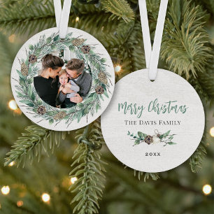 Rustieke dennenkrans Gelukkig Kerstmis familiefoto Ornament
