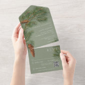 rustieke dennentakken groen QR-code All In One Uitnodiging (Afscheurbaar)