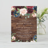 Rustieke dieprode wijn bordeauxroze marine trouw kaart (Staand voorkant)