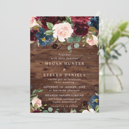 Rustieke dieprode wijn bordeauxroze marine trouw kaart (Staand voorkant)