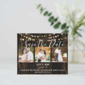 Rustieke donkere hout & lichten foto save the date (Staand voorkant)