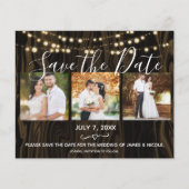 Rustieke donkere hout & lichten foto save the date (Voorkant)