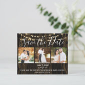 Rustieke donkere hout & lichten foto save the date (Staand voorkant)