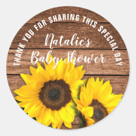 Rustieke donkere hout zonnebloem dank je wel baby  ronde sticker
