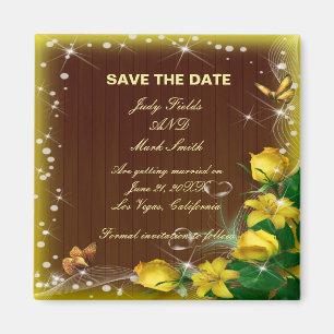 Rustieke donkere houten gele bloem save the date magneet