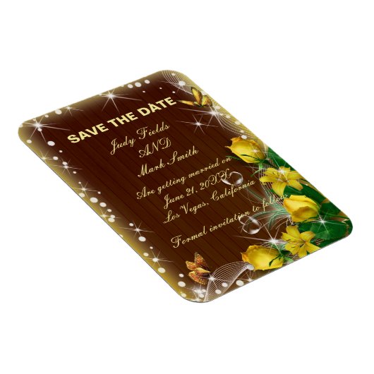 Rustieke donkere houten gele bloemen save the date magneet (Rechterzijde)