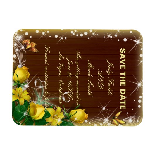 Rustieke donkere houten gele bloemen save the date magneet (Horizontaal)