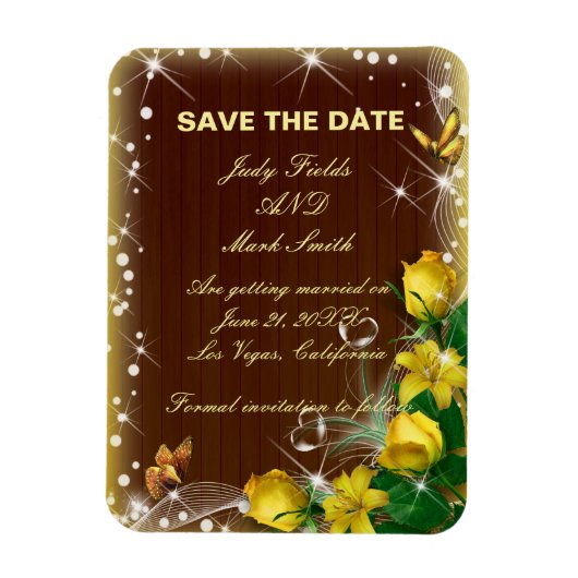 Rustieke donkere houten gele bloemen save the date magneet (Verticaal)