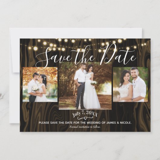 Rustieke donkere houten & lichten foto save the da kaart (Voorkant)