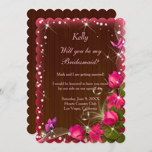 Rustieke donkere houten roze bloem vlinder bruidsm kaart (Voorkant / Achterkant)