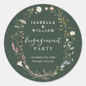 Rustieke donkergroene boho-wildebloem verlovingsfe ronde sticker (Voorkant)