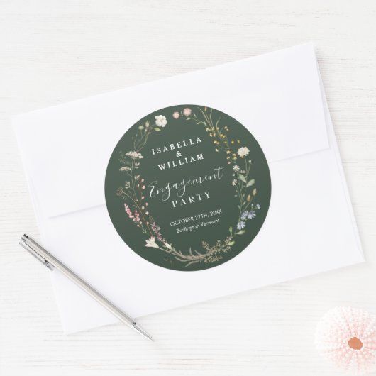 Rustieke donkergroene boho-wildebloem verlovingsfe ronde sticker (Envelop)