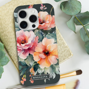 Rustieke donkergroene roze bloemige monogram iPhone 15 pro case