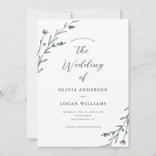 Rustieke Donkergroene Wildflower Boho Wedding Kaart (Voorkant)