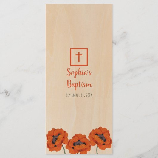 Rustieke doop meisje klaprozen hout rood handschri menu (Achterkant)