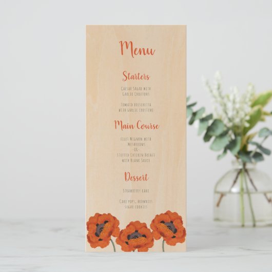 Rustieke doop meisje klaprozen hout rood handschri menu (Staand voorkant)