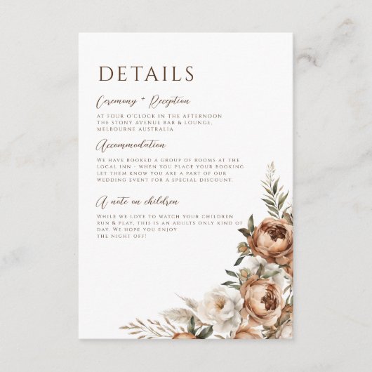 Rustieke Dread Floral Pampas Wedding Details Informatiekaartje (Voorkant)