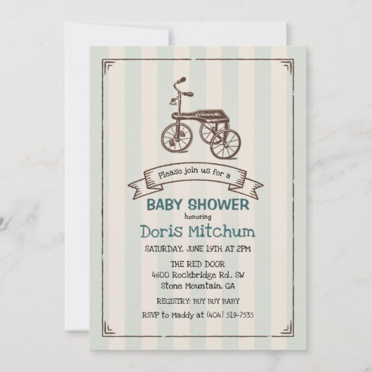 Rustieke  Driewieler Jongen Baby shower Uitnodigin Kaart (Voorkant)