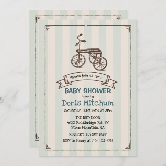 Rustieke  Driewieler Jongen Baby shower Uitnodigin Kaart (Voorkant / Achterkant)