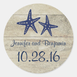 Rustieke Driftwood Nautical Beach Navy Zeesterren Ronde Sticker