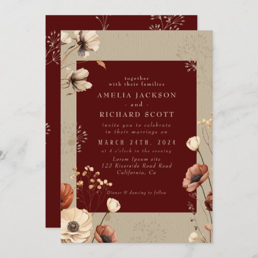Rustieke Droge wilde bloemen Bourgondische bruilo Kaart (Voorkant / Achterkant)