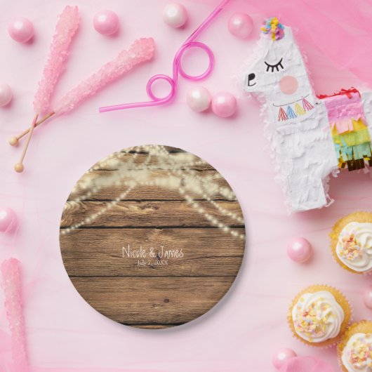 Rustieke Dromerige Lights & Hout Rustieke bruiloft Papieren Bordje (Feest)