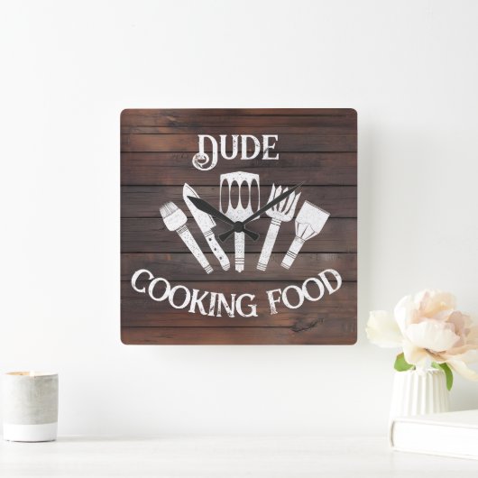 Rustieke 'Dude Cooking Food' Muurklok - Grappige B Vierkante Klok (Huis)