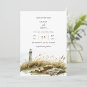 Rustieke duin picknick en vuurtoren strand bruilof kaart (Staand voorkant)