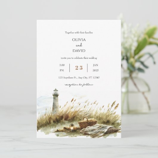 Rustieke duin picknick en vuurtoren strand bruilof kaart (Staand voorkant)