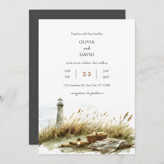 Rustieke duin picknick en vuurtoren strand bruilof kaart (Voorkant / Achterkant)