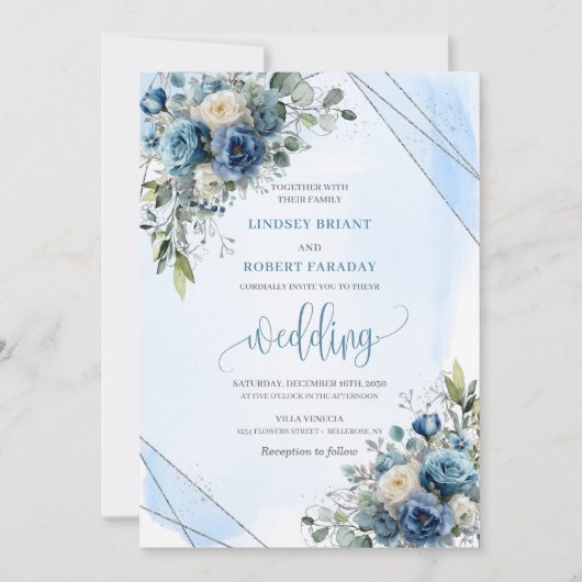 Rustieke Dusty Blauw Zilveren Bloemen Huwelijksuit Kaart (Voorkant)