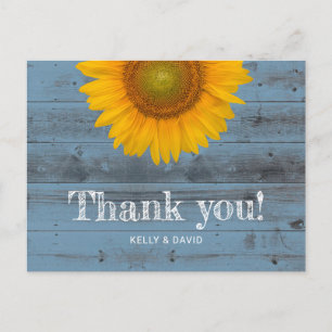 Rustieke Dusty Blue Barn Wood Zonnebloem Dank u Briefkaart