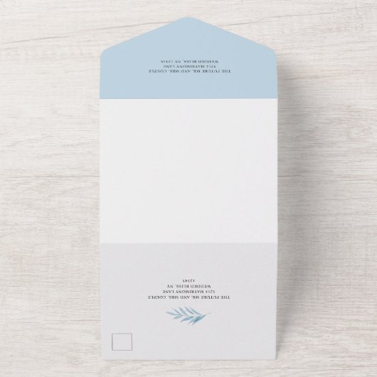 Rustieke Dusty Blue Botanical Elegant Wedding All In One Uitnodiging (Buitenkant)