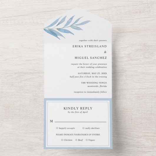 Rustieke Dusty Blue Botanical Elegant Wedding All In One Uitnodiging (Binnen)