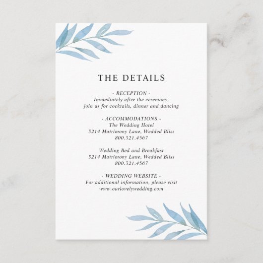 Rustieke Dusty Blue Botanical Elegant Wedding Informatiekaartje (Voorkant)
