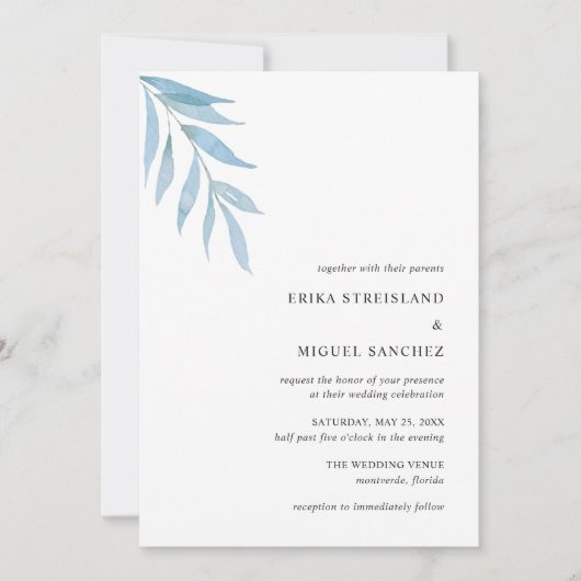 Rustieke Dusty Blue Botanical Elegant Wedding Kaart (Voorkant)