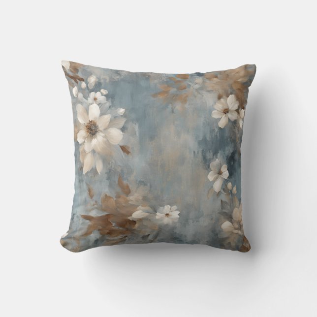 Rustieke Dusty Blue Brown Cream Farmhouse Floral S Kussen (Voorkant)