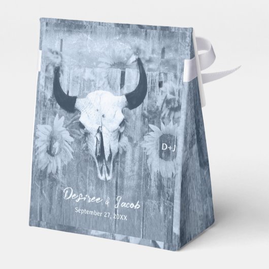 Rustieke Dusty Blue Country Zonnebloemen Bull Skul Bedankdoosjes (Achterkant)