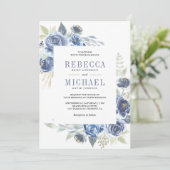 Rustieke Dusty Blue Floral Alles in één bruiloft Kaart (Staand voorkant)