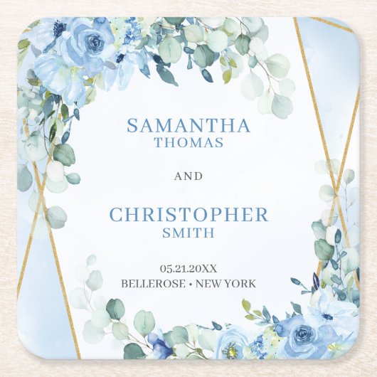 Rustieke Dusty Blue Floral eucalyptus gouden onder Kartonnen Onderzetters (Voorkant)