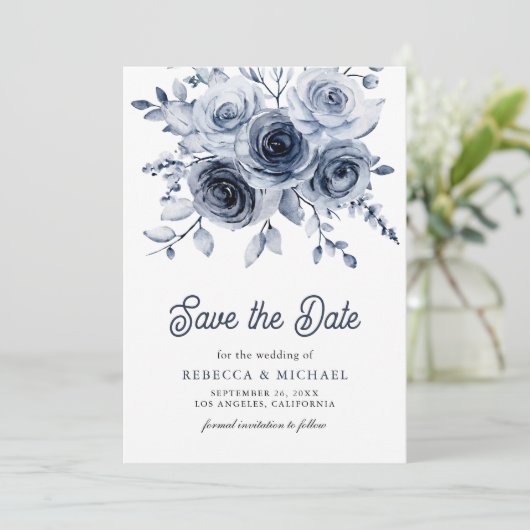 Rustieke Dusty Blue Floral Fotobruiloft Save The Date (Staand voorkant)