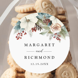 Rustieke Dusty Blue Floral Winter Wedding Ronde Sticker