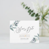 Rustieke Dusty Blue Foliage Save the Date Briefkaart (Staand voorkant)