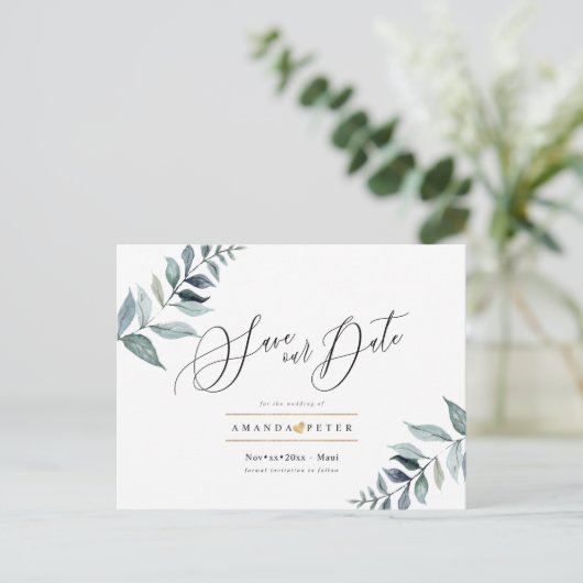 Rustieke Dusty Blue Foliage Save the Date Briefkaart (Staand voorkant)