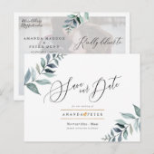 Rustieke Dusty Blue Foliage Save the Date Briefkaart (Voorkant / Achterkant)