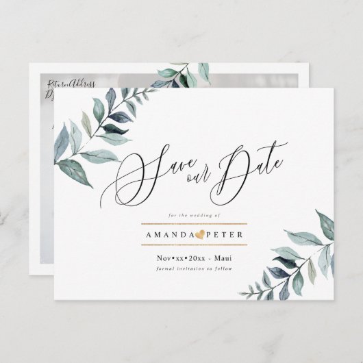 Rustieke Dusty Blue Foliage Save the Date Briefkaart (Voorkant / Achterkant)