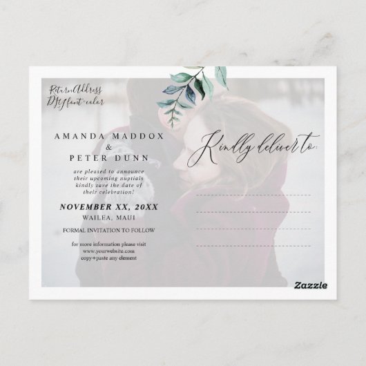 Rustieke Dusty Blue Foliage Save the Date Briefkaart (Achterkant)