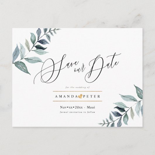 Rustieke Dusty Blue Foliage Save the Date Briefkaart (Voorkant)